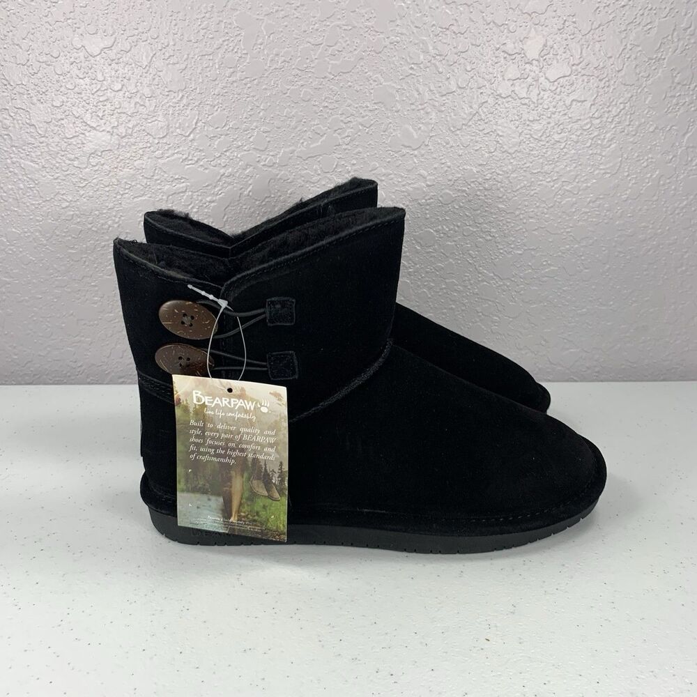Bearpaw Rosaline Boots Womens 9 Black Suede Fur Lined Winter Ankle Boots
